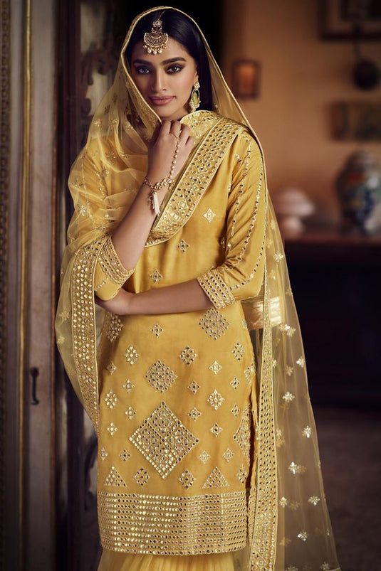 Exclusive Organza Fabric Festive Wear Yellow Color Chic Embroidered Sharara Suit