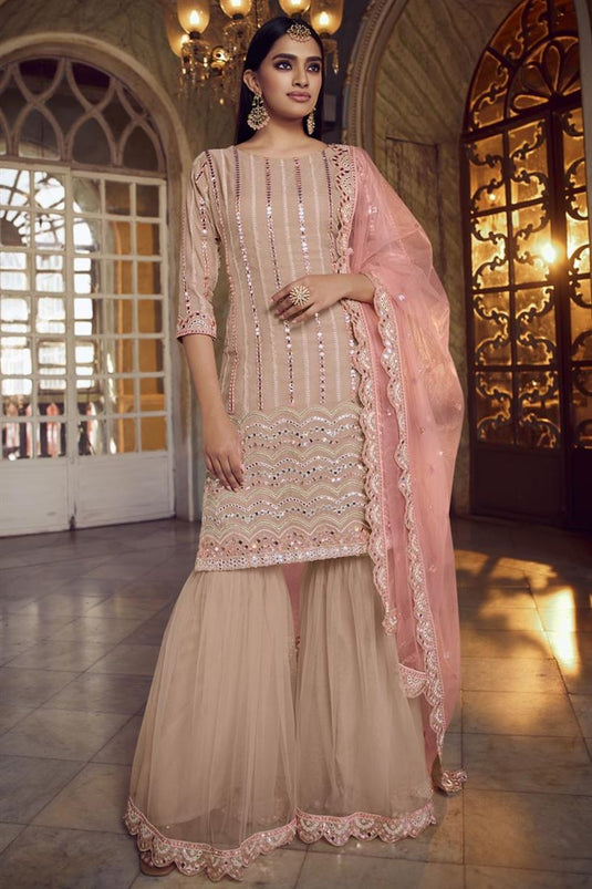 Exclusive Festive Wear Peach Color Chic Embroidered Organza Fabric Sharara Suit