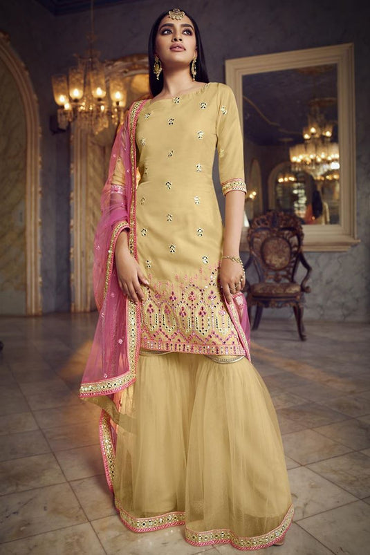 Exclusive Organza Fabric Chic Festive Wear Embroidered Sharara Suit In Yellow Color