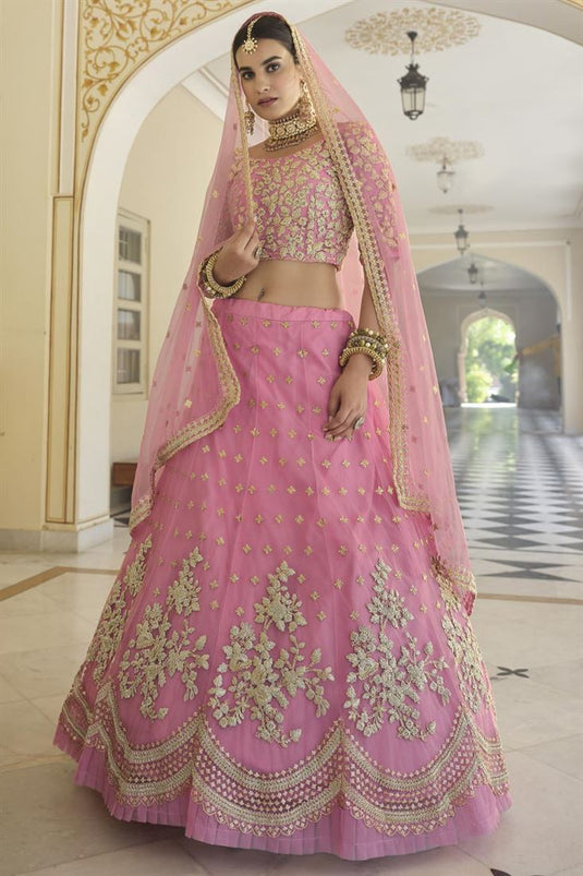 Fancy Work Wedding Wear Lehenga Choli In Beige Color Net Fabric