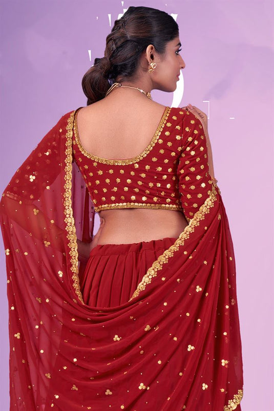 Fascinating Red Color Sequins Work Lehenga In Georgette Fabric