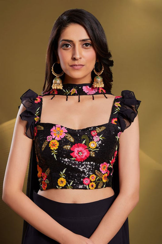 Exclusive Function Style Black Color Readymade Lehenga In Georgette Fabric