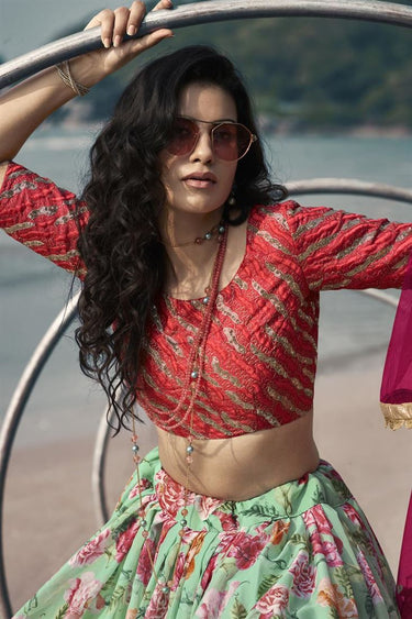 Exclusive Organza Fabric Wedding Wear Fancy Sea Green Color Printed Lehenga Choli