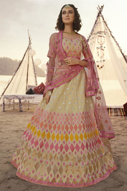 Exclusive Wedding Wear Beige Color Lehenga Choli In Organza Fabric
