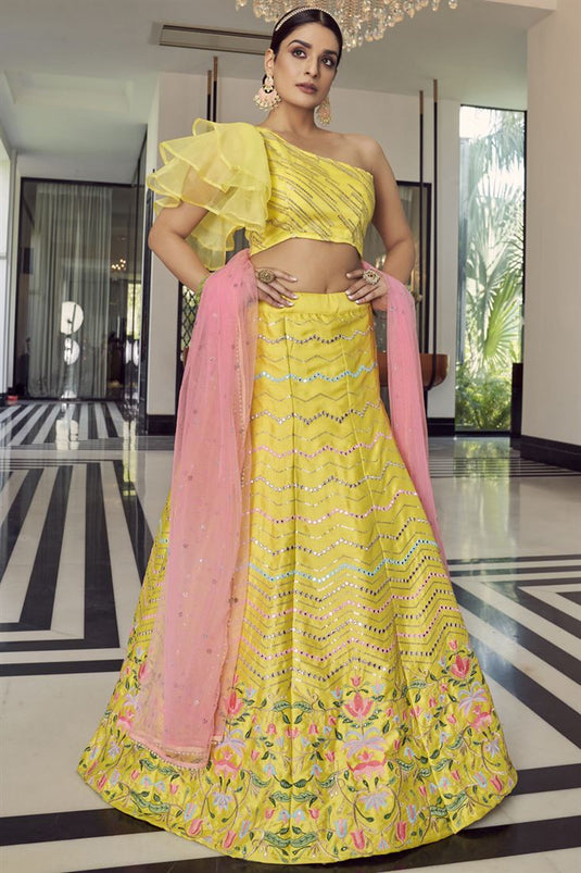 Chinon Fabric Sangeet Wear Yellow Color Pleasance Lehenga With Printed