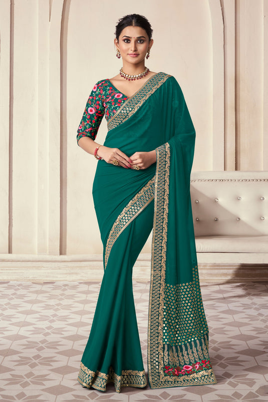Border Work Soothing Function Wear Art Silk Saree In Teal Color