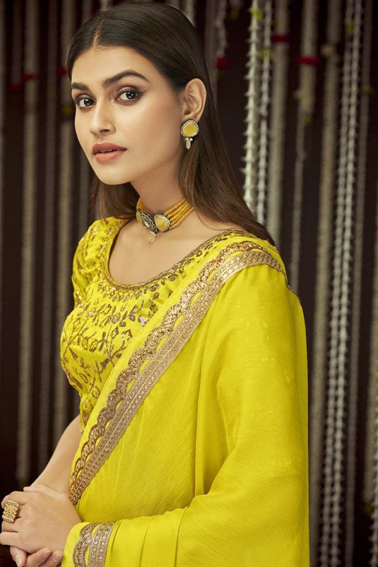 Chinon Fabric Yellow Color Party Wear Stylish Border Work Saree