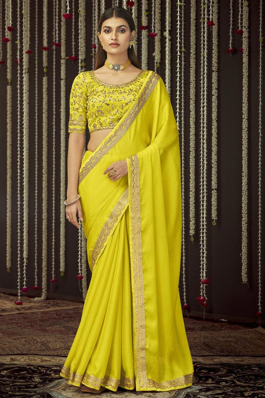 Chinon Fabric Yellow Color Party Wear Stylish Border Work Saree