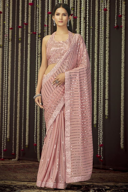 Party Style Georgette Fabric Superior Border Work Saree In Pink Color