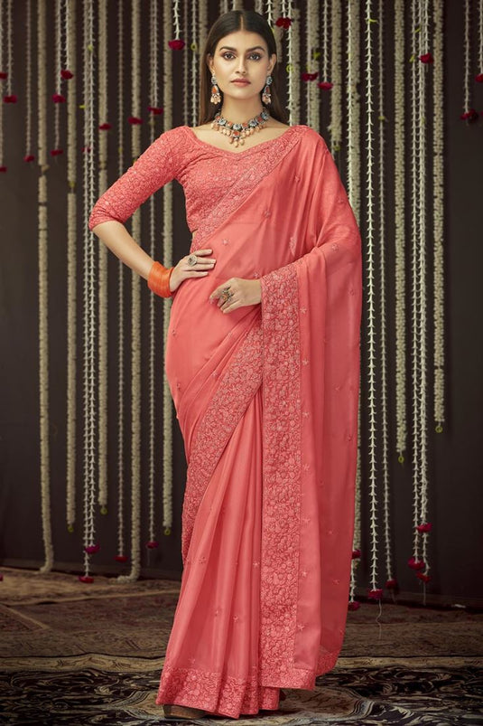 Intricate Organza Fabric Party Wear Border Work Saree In Peach Color