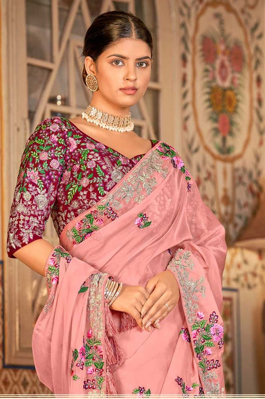 Function Wear Organza Fabric Pink Color Supreme Saree