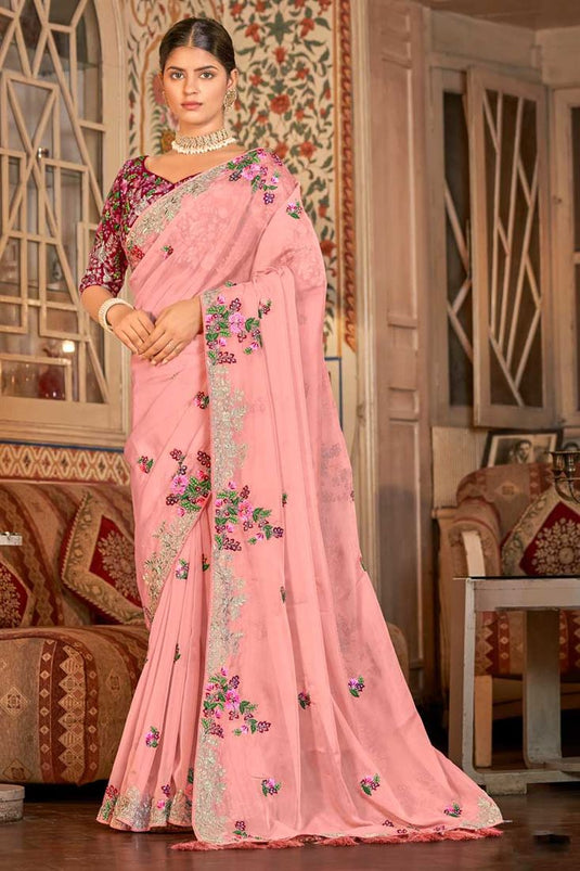 Function Wear Organza Fabric Pink Color Supreme Saree