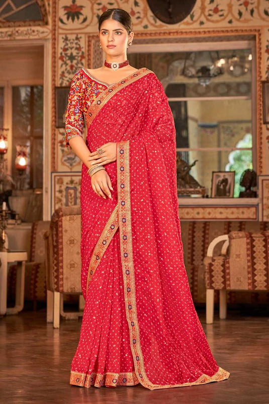 Red Color Organza Fabric Function Wear Amazing Saree