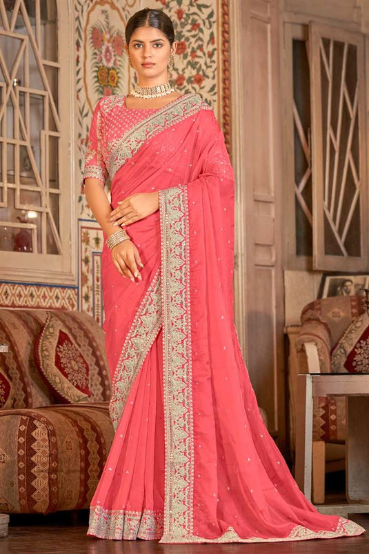 Function Wear Organza Fabric Peach Color Charismatic Saree