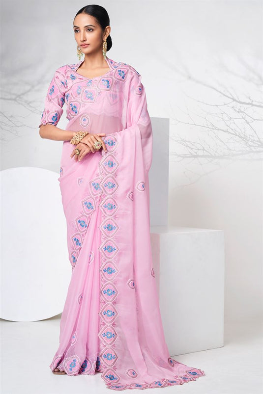 Charming Pink Color Organza Fabric Function Style Saree