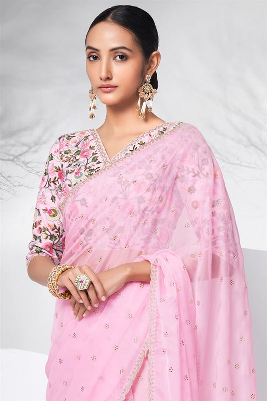 Alluring Organza Fabric Pink Color Function Style Saree