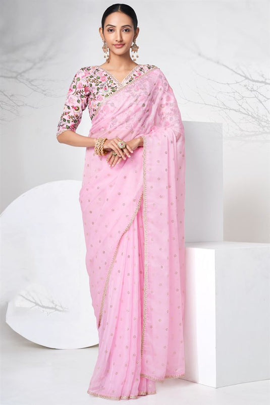 Alluring Organza Fabric Pink Color Function Style Saree