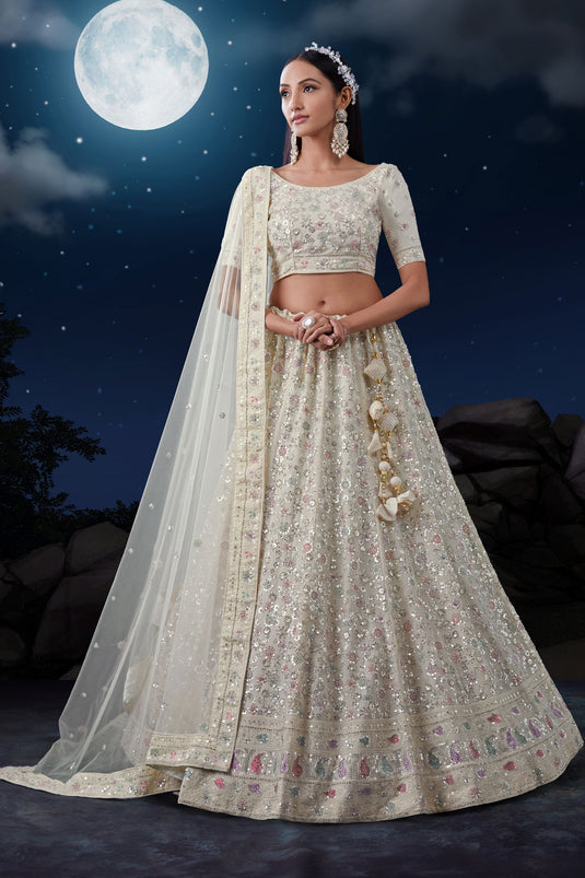 Wedding Wear White Color Glorious Sequins Work Georgette Fabric Bridal Lehenga