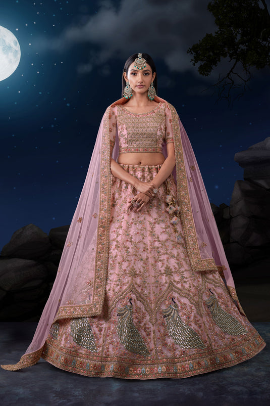 Wedding Wear Pink Color Lovely Sequins Work Net Fabric Bridal Lehenga