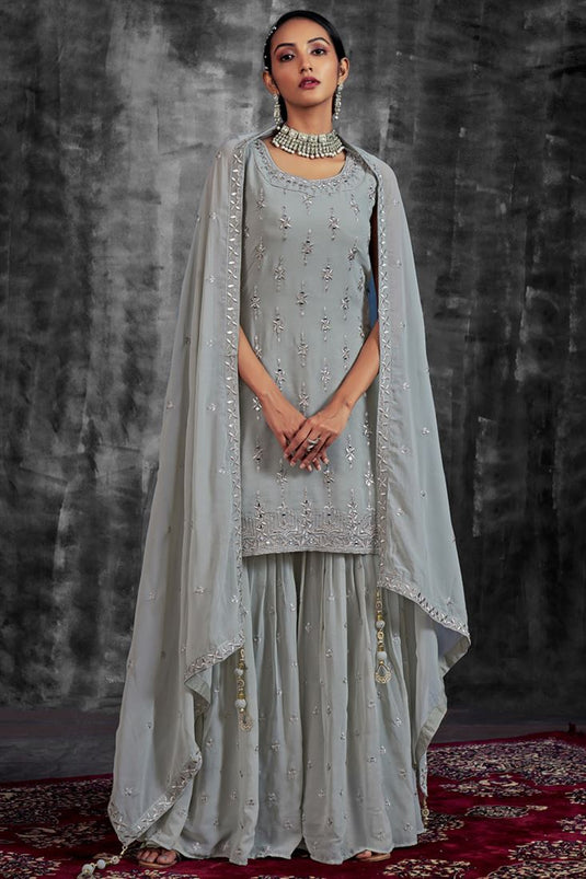Georgette Fabric Grey Color Function Look Winsome Sharara Suit