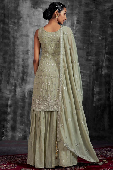 Georgette Function Look Beatific Sharara Suit In Sea Green Color