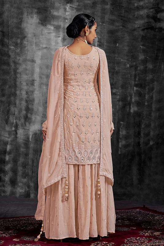 Function Look Peach Color Inventive Sharara Suit In Georgette Fabric
