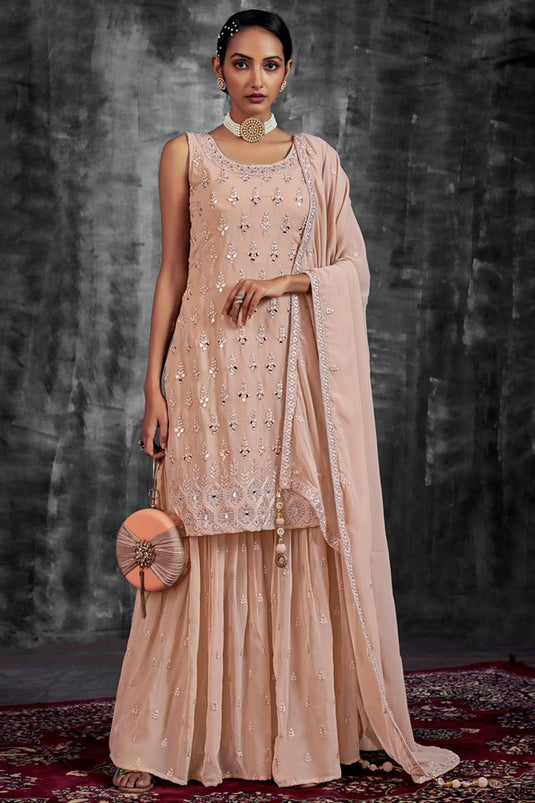 Function Look Peach Color Inventive Sharara Suit In Georgette Fabric