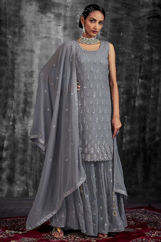 Grey Color Georgette Fabric Alluring Function Look Sharara Suit