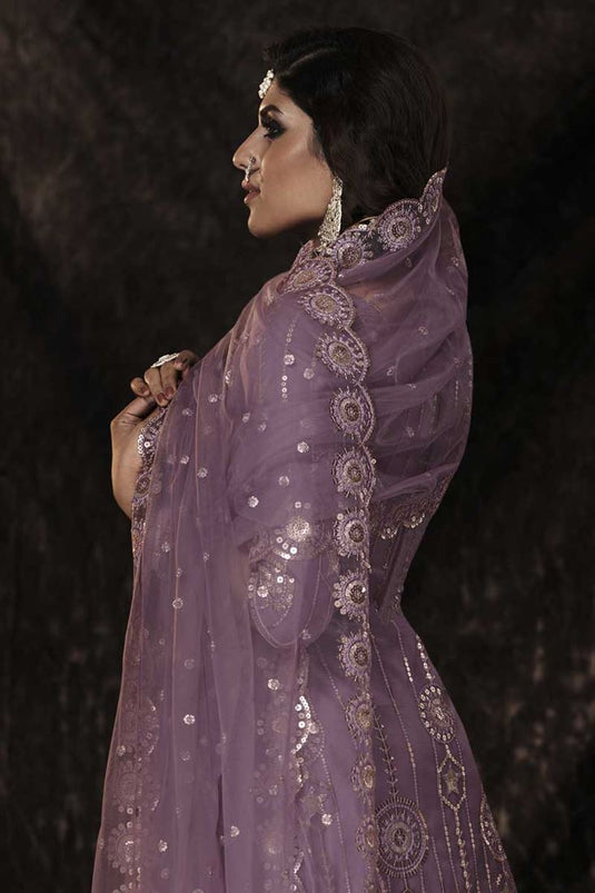 Exclusive Sequins Work On Net Fabric Function Wear Bewitching Sharara Suit In Lavender Color