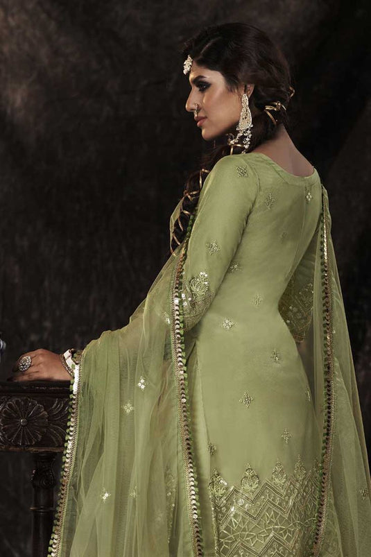 Exclusive Green Color Net Fabric Function Wear Coveted Sharara Suit With Sequins Work