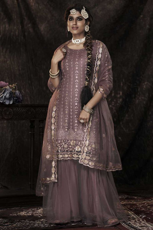 Exclusive Function Wear Net Fabric Chikoo Color Excellent Sharara Suit With Sequins Work