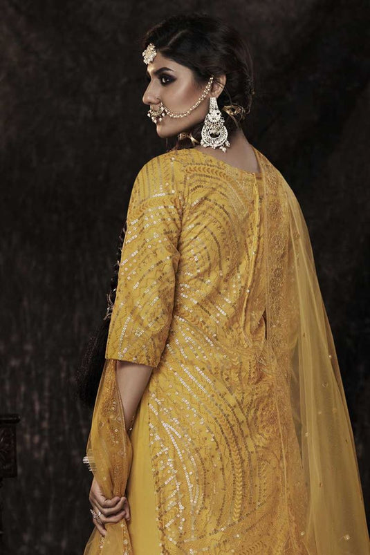 Exclusive Sequins Work On Yellow Color Net Fabric Function Wear Princely Sharara Suit