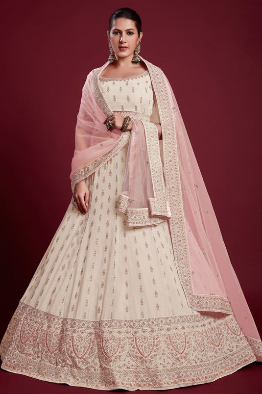 Elegant Georgette Off White Lehenga with Embroidered  for Traditional Events