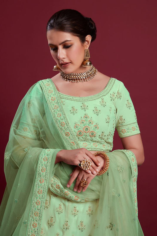 Radiant Sea Green Georgette Lehenga with Sparkling Zarkan Embellishments for Special Occasions