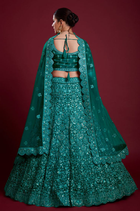 Wedding Georgette Teal Color Lehenga with Zarkan Work