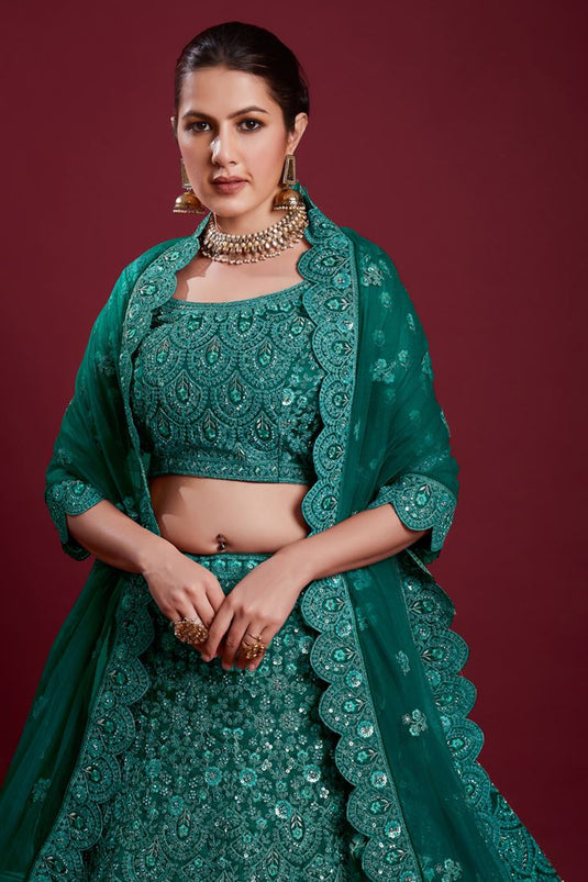 Wedding Georgette Teal Color Lehenga with Zarkan Work