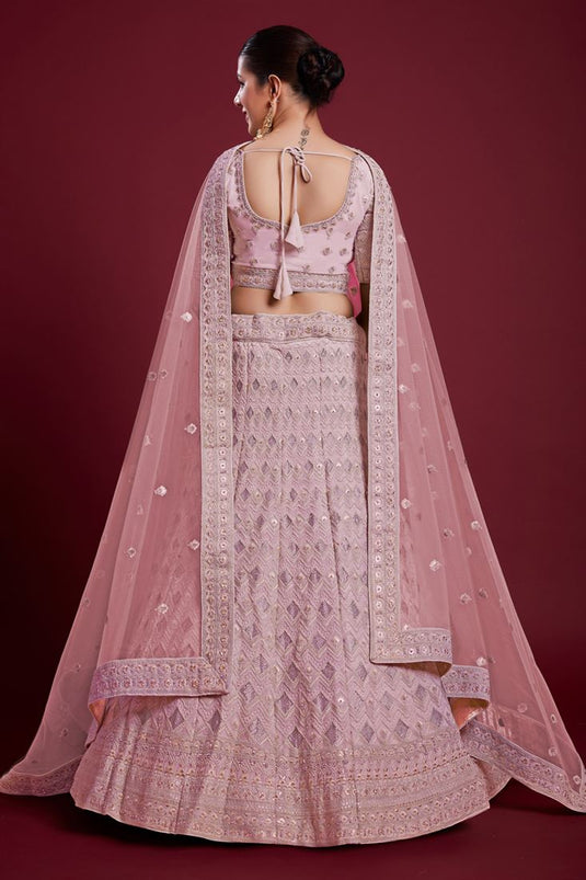 Regal Wedding Function Pink Georgette Lehenga with Embroidered And Thread Work