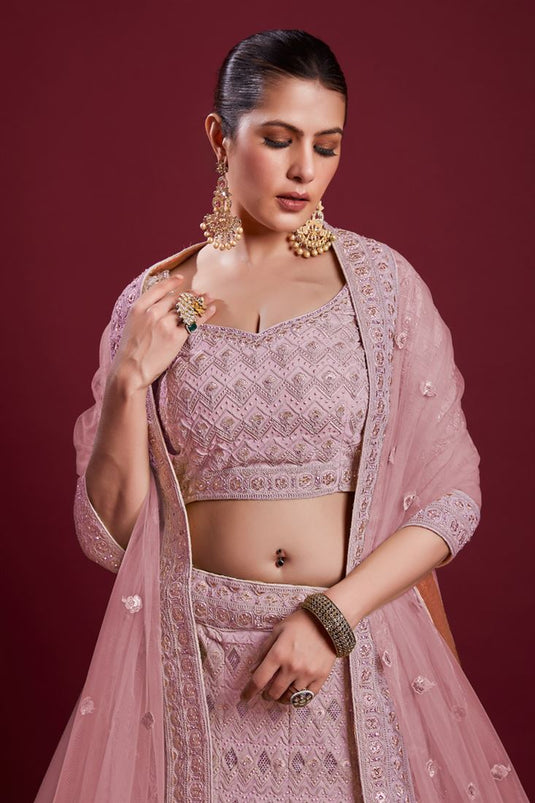 Regal Wedding Function Pink Georgette Lehenga with Embroidered And Thread Work