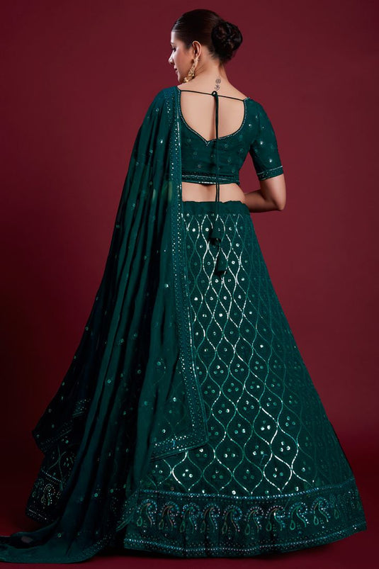 Elegant Georgette Teal Color Lehenga with Embroidered And Thread Work