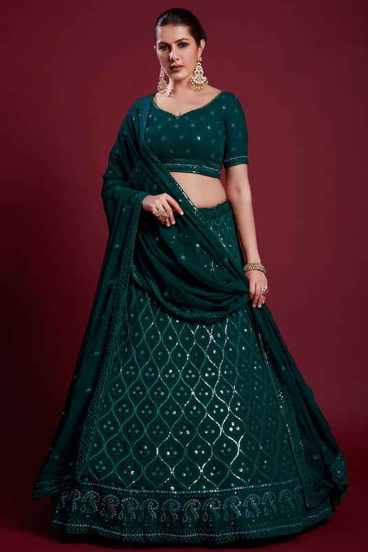 Elegant Georgette Teal Color Lehenga with Embroidered And Thread Work