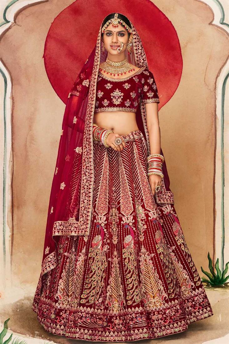 Buy Women Dull Pink Zari Embroidered Velvet Bridal Lehenga And Blouse Set  With Dupattas And Belt - Ready To Wear Lehengas - Indya