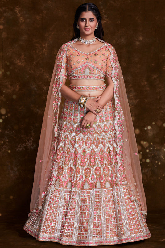 Net Peach Wedding Wear 3 Piece Lehenga Choli With Embroidery Work