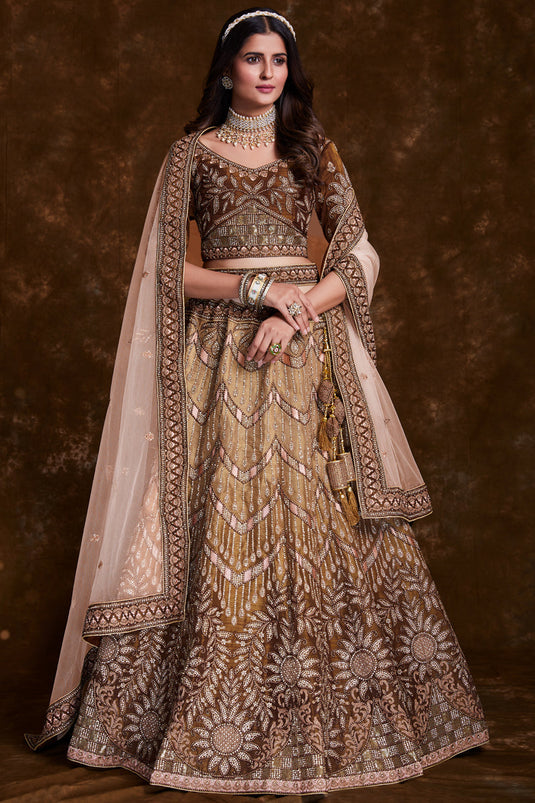 Embroidery Work On Wedding Wear Lehenga In Brown Art Silk With Blouse