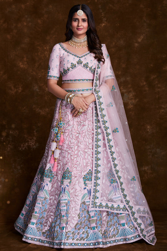 Embroidery Work On Net Designer Lehenga In Pink With Blouse