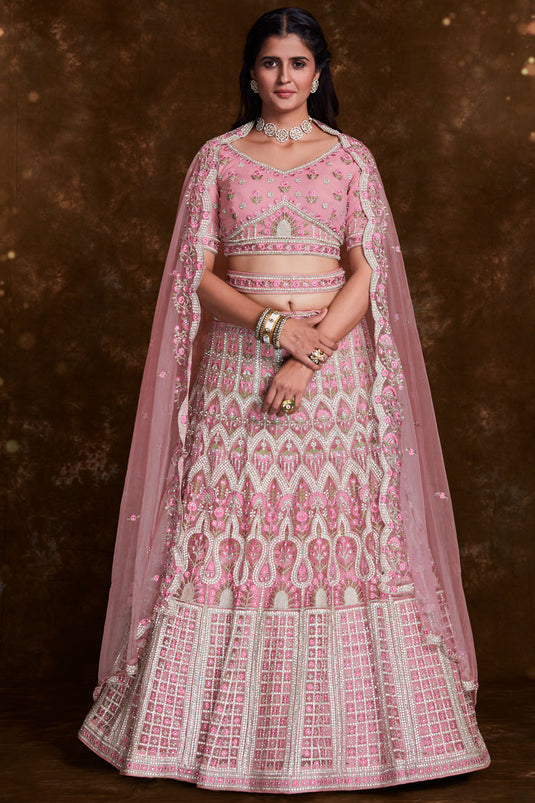 Occasion Wear Chaniya Choli In Pink Net Fabric With Embroidery Work And Wedding Wear Blouse