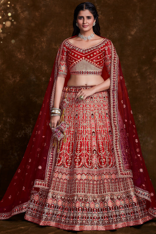 Occasion Wear Red Embroidered Lehenga In Art Silk Fabric With Designer Blouse