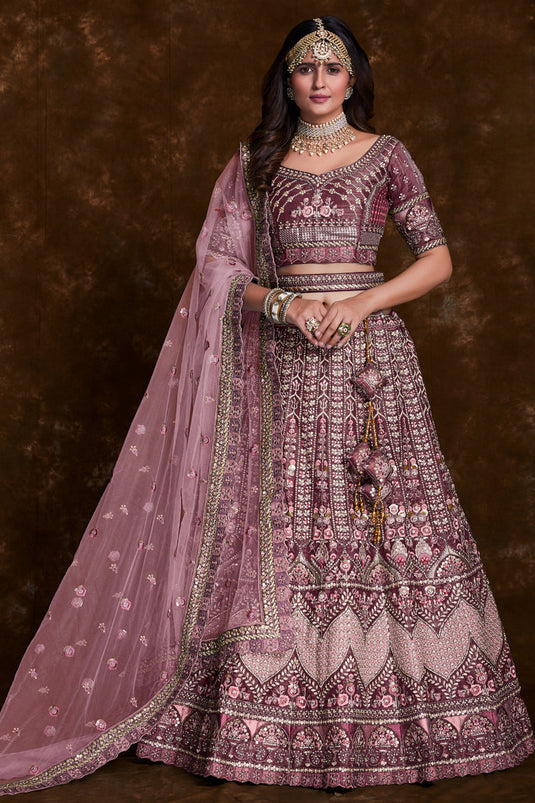 Art Silk Wine Sangeet Wear 3 Piece Embroidered Lehenga With Enigmatic Blouse