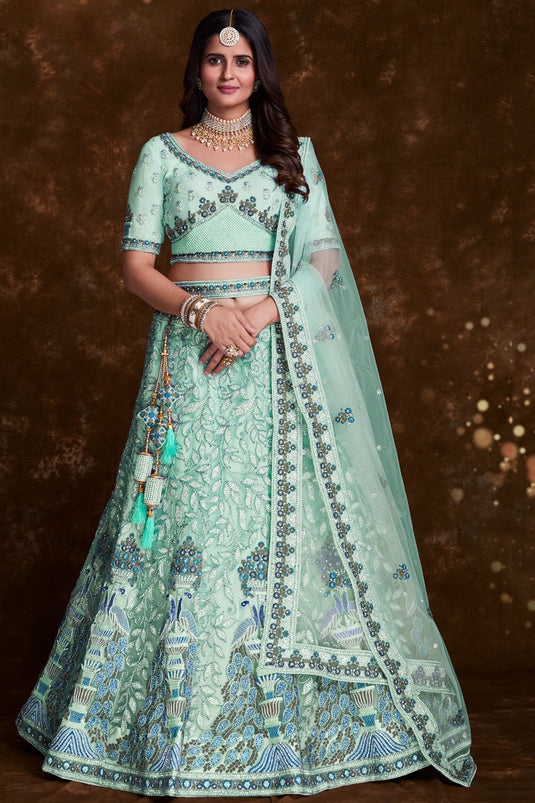 Net Sea Green Wedding Wear 3 Piece Lehenga Choli With Embroidery Work