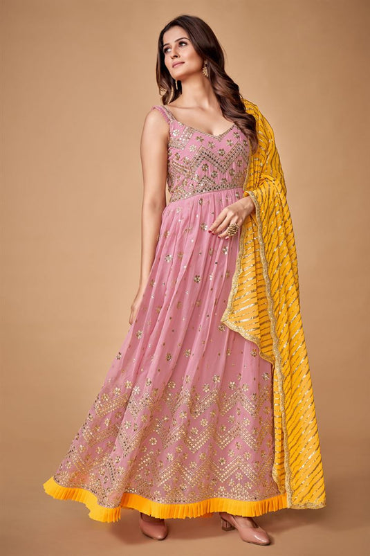 Georgette Fabric Pink Color Attractive Function Wear Gown