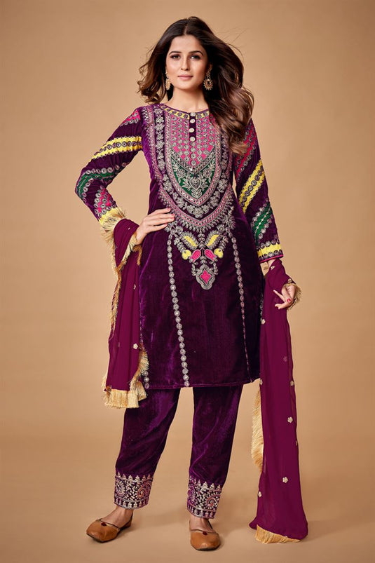 Wine Color Velvet Fabric Glorious Function Wear Salwar Suit